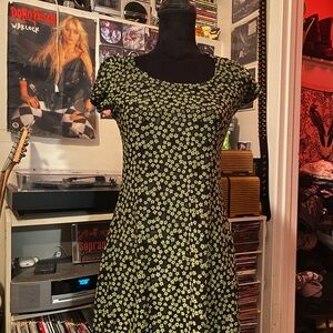 Vintage Floral Black and Green Dress
